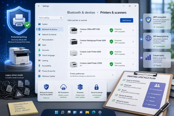 Windows settings screen shows protected printers and scanners with device compliance badges and a printing lifecycle plan.