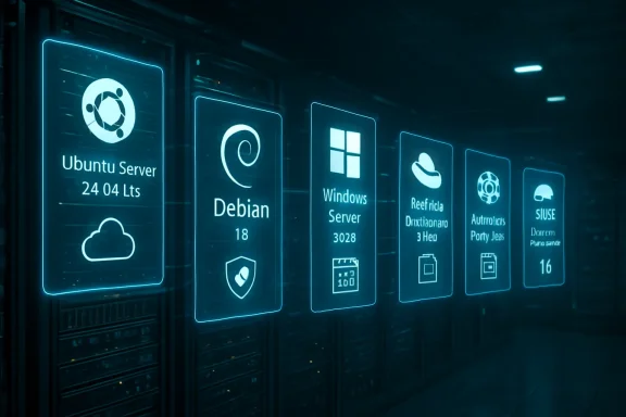 Glowing server rack UI shows icons for Ubuntu Server, Debian, Windows Server and other systems.