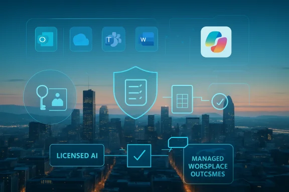 Digital AI security dashboard overlay with shield and app icons above a city skyline at dusk.