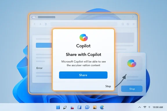 Illustration of Microsoft Copilot “Share with Copilot” dialog on a laptop screen with a Stop button.