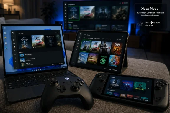 Two laptops and an Xbox controller display gaming library screens in a lounge setting.