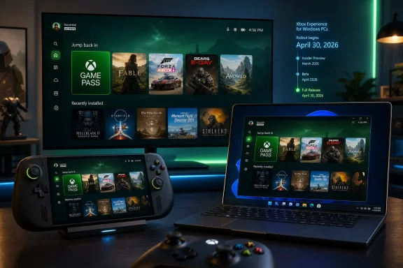 A gaming setup showing Xbox app game tiles on PC, tablet, and controller screens.