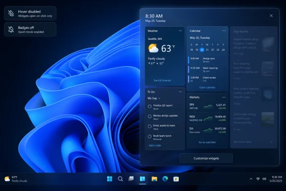 Windows 11 desktop with live widgets panel showing weather, calendar, to-do, and markets on a blue abstract background.