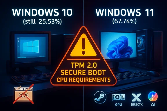 Windows 10 vs 11 comparison graphic with “TPM 2.0 secure boot CPU requirements” warning.