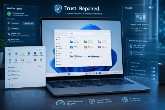Futuristic Windows laptop screen shows “Trust. Repaired.” with update and settings panels surrounding it.