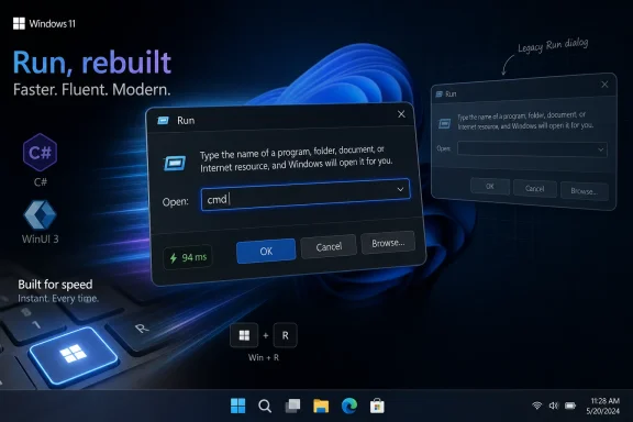 Windows 11 Run dialog open on a keyboard-themed desktop with “Run, rebuit” branding and “cm[l]” input.