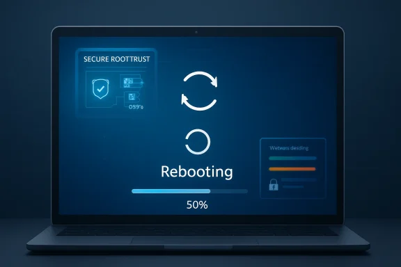Laptop screen shows “Secure Root Trust” with a rebooting progress bar at 50%.