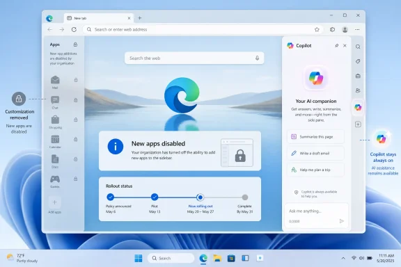 Screenshot of a Windows browser showing Copilot with a “New apps disabled” notification panel.