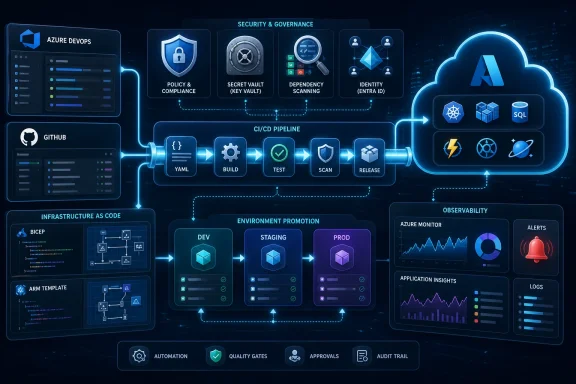 Azure DevOps CI/CD pipeline diagram showing security, deployment, automation, and monitoring across environments.