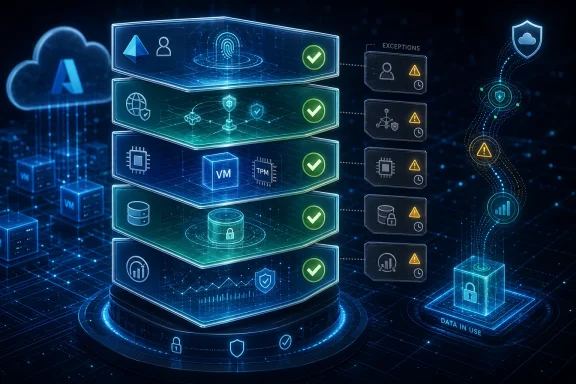 Abstract cybersecurity dashboard shows verified VM/TPM components, warnings, and data access controls.