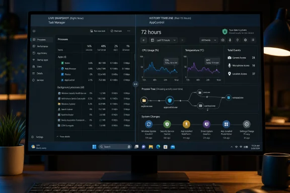 A desktop monitor displays a computer performance dashboard with live snapshots and a 72-hour history timeline.