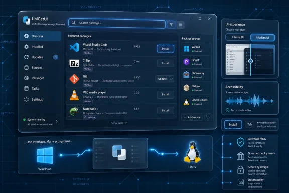 UniGetUI package manager interface showing featured installs, sources, and accessibility options on a blue tech grid.
