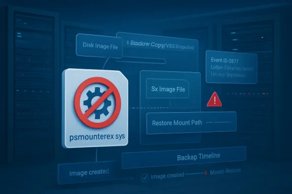 Blue server UI shows disk image mounting blocked, with psmounterex.sys and warning alert.