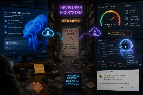Developer ecosystem dashboard with rate-limiting warnings over a dark server “open library” scene.