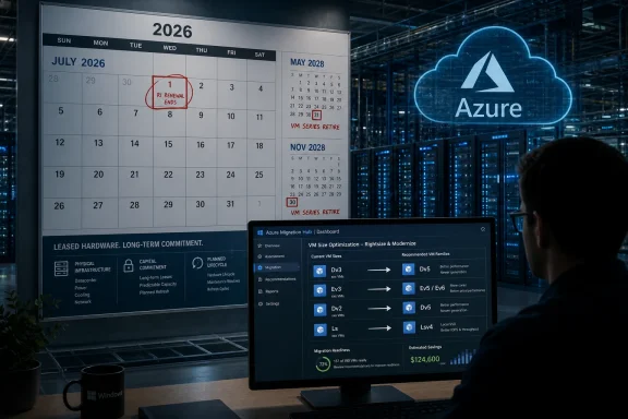 Azure cloud IT dashboard and calendar on monitors beside a server rack in a data center.