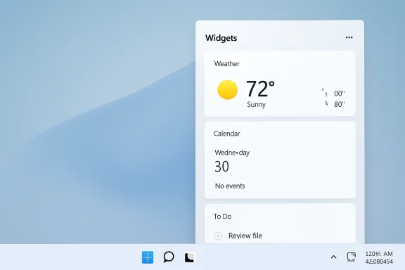 Screenshot of a “Widgets” panel showing sunny weather (72°F) and a calendar with no events.