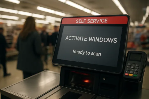 Self-service checkout screen reads “Activate windows” and “Ready to scan” at a store.