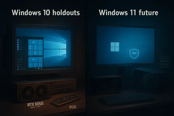 Split image comparing Windows 10 “holdouts” and Windows 11 “future” on PCs, with RTX 3050 and 8GB labels.