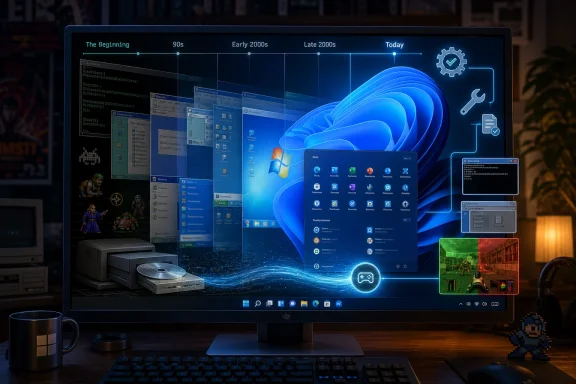 Futuristic Windows-style computer screen showing timelines, apps, and holographic system icons.