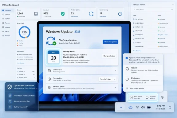 Screenshot of an IT Fleet Dashboard showing Windows Update status and scheduled restart for managed devices.