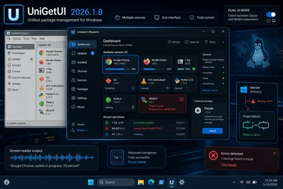 UniGetUI app dashboard showing Windows package updates, including a failed WinSCP install error.