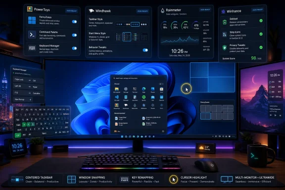 Windows 11 desktop with blue glow, showing a pinned app menu and PowerToys tools dashboards on multiple panels.