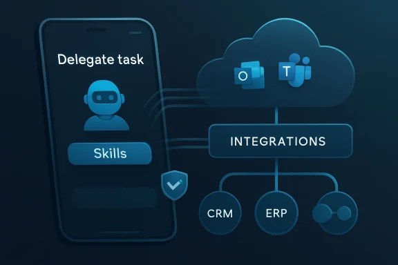 Illustration showing a virtual assistant delegating tasks to cloud integrations for CRM and ERP.