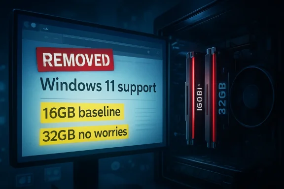 Futuristic monitor shows “REMOVED” with “Windows 11 support” and “16GB baseline / 32GB no worries.”