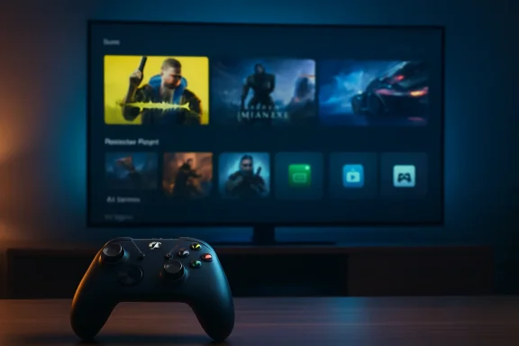 A gaming controller sits in front of a TV showing a blurred game selection screen.