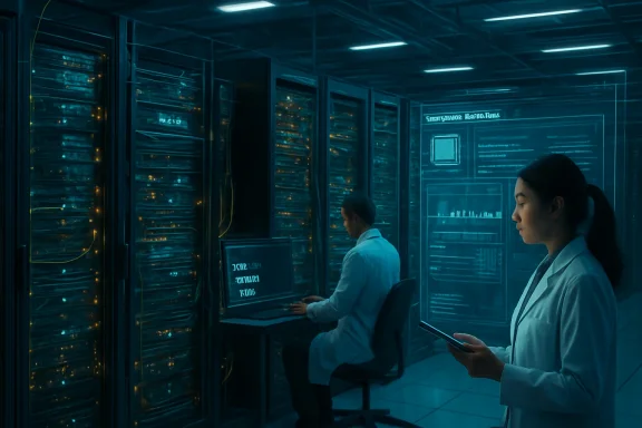 Two scientists in lab coats monitor servers in a dim, blue-lit data center.