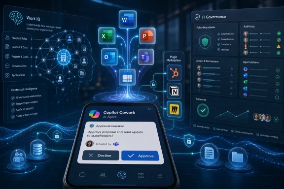 AI governance dashboard with Microsoft Office apps orbiting a phone approval prompt.