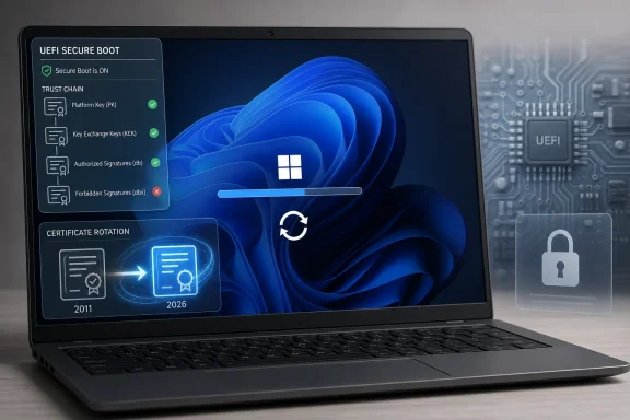Laptop screen shows UEFI Secure Boot enabled with certificate rotation and system trust chain details.