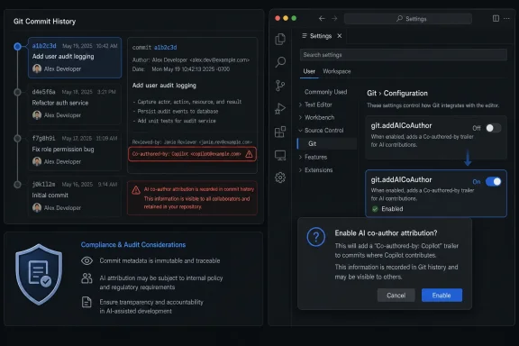 VS Code shows Git commit history with a warning and a Git setting enabling “AI co-author attribution.”