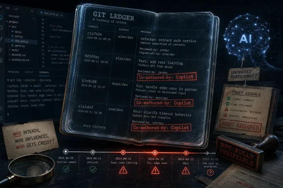 Futuristic desk scene with a “Git Ledger” showing commits, highlighted “Co-authored-by: Copilot,” and audit signs.