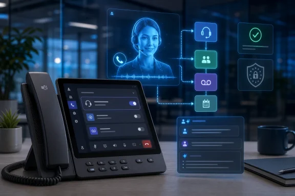 Digital call-center interface with a video agent and connected icons on monitors in an office.
