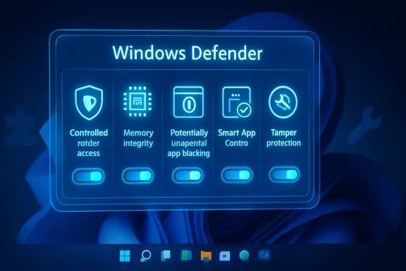 Neon “Windows Defender” security dashboard showing protection features like memory integrity and tamper protection.