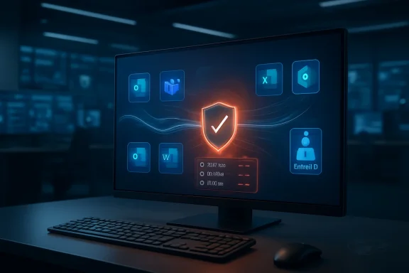 Glowing cybersecurity dashboard on a monitor with a central shield checkmark in a data center setting.