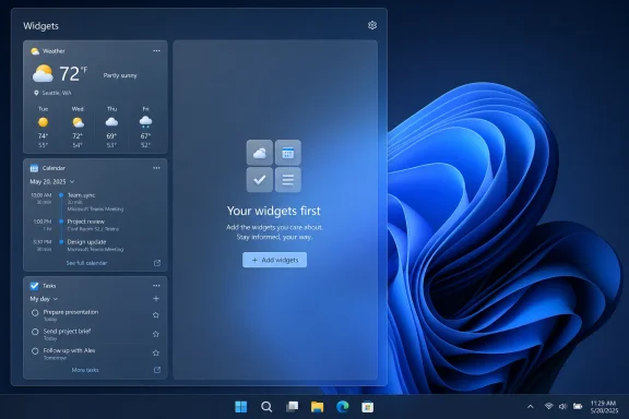 Windows 11 widget panel showing weather, calendar, and tasks beside a blue abstract desktop background.