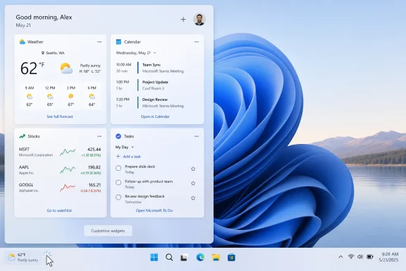 Desktop dashboard showing weather, calendar events, stocks, and tasks over a blue Windows 11-style background.