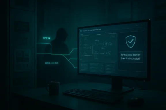 Computer monitor in a dark office shows a security shield and network diagram with an untrusted server message.
