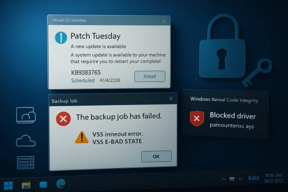 Windows shows Patch Tuesday update and a failed backup job with a VSS E-BAD STATE error.