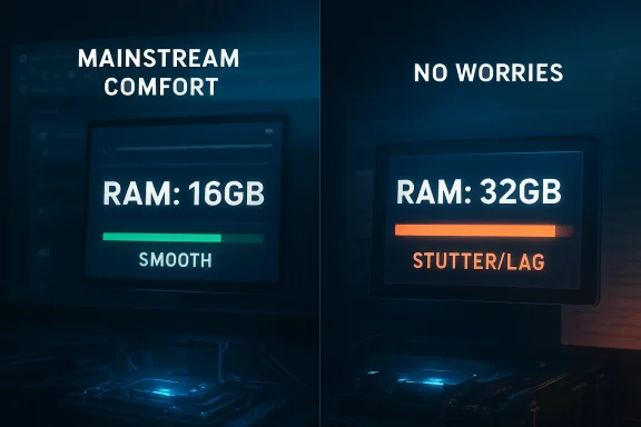 Split-screen tech ad showing 16GB smooth performance vs 32GB causing stutter/lag, with “Mainstream Comfort” and “No Worries.”