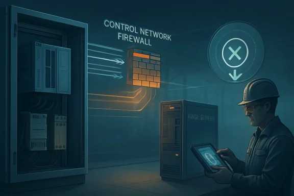 Security engineer monitors a control network firewall system in a data center, with alerts on screen.