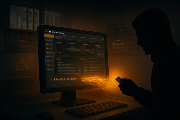 Hooded hacker at a computer shows “Client Repository Un?llled” in a dark, fiery server room.