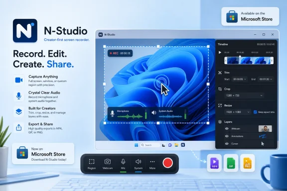 N-Studio screen recorder promo shows editing timeline and audio waveform on a Windows-style interface.