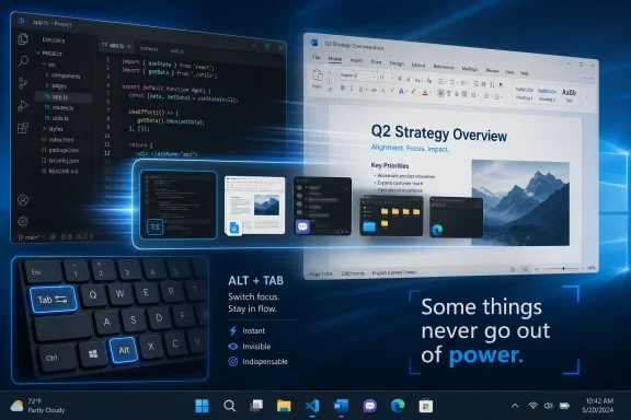 Developer workspace shows code editor and a Word document on a desktop with Alt+Tab switch overlay.
