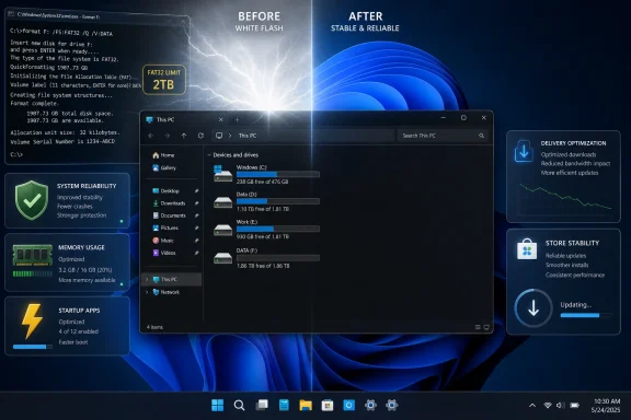 Windows 11 desktop with disk formatting details and app optimization panels comparing “Before” vs “After.”