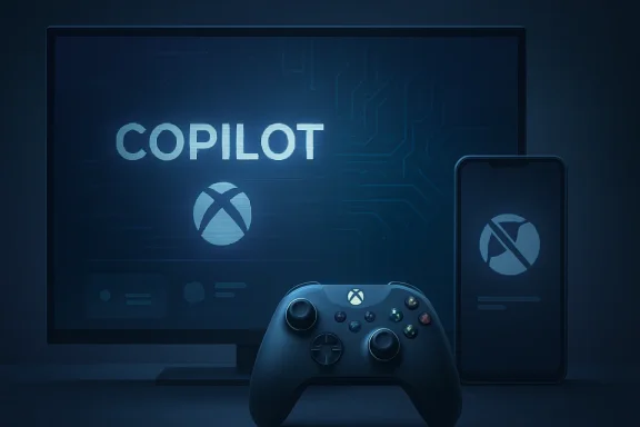 Gaming interface shows “COPILOT” with controller and phone icons on a blue tech background.