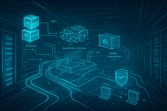 Neon-blue holographic network diagram linking servers and data cubes in a dark server room.