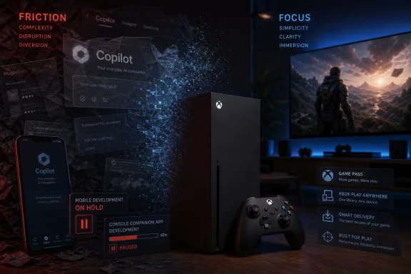 Futuristic Xbox console scene with Copilot UI, focus text, and gaming controller in a high-tech display.